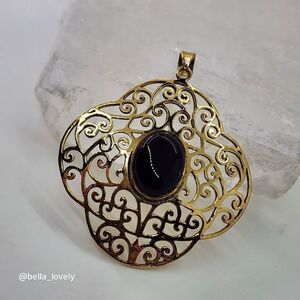 Onyx Gold Toned Ethnic Handmade Filigree Pendant Jewelry 2.27"